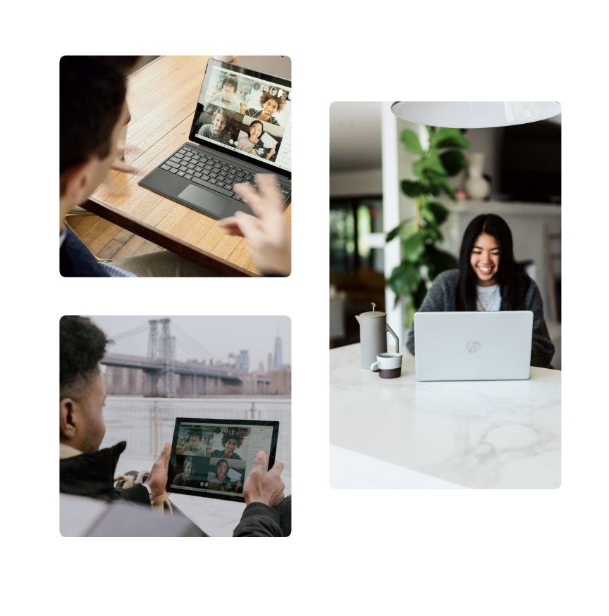 Compilation of photos from left to right: a man is having a meeting online, a woman is smiling while on a virtual meeting Below: a man is discussing about managed services to his workmates in an online meeting.